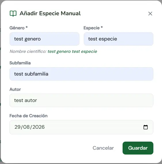 Añadir especie manual