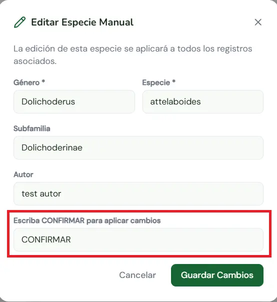 Editar especie manual