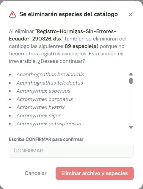 Advertencia de especies afectadas