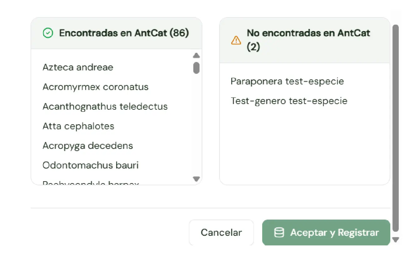 Detalle de validación de especies
