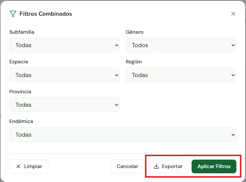 Filtros y exportación