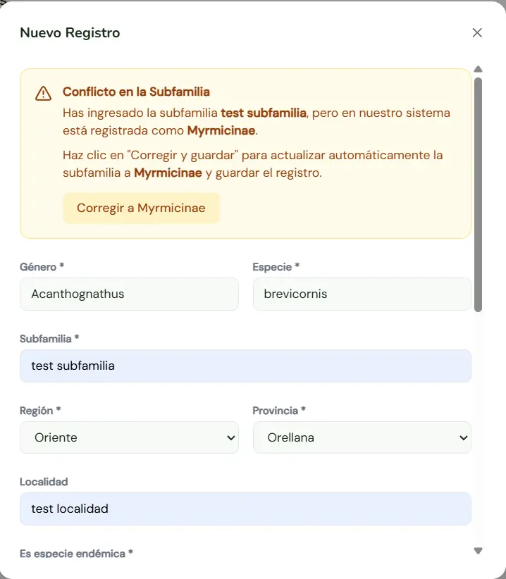 Corrección de subfamilia